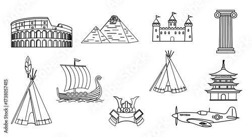 Collection of historical landmarks and cultural symbols in a simple line art style