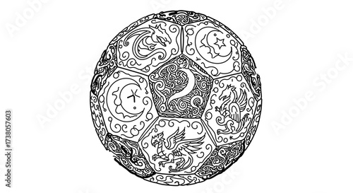 Ornate soccer ball with intricate mythical creature design for coloring book