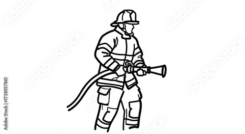 Brave firefighter with hose heroic fireman in uniform fighting fire