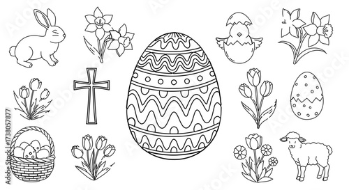 Easter themed line art illustration, featuring eggs, bunny, flowers, and cross