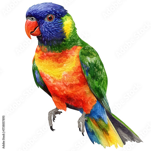 Vibrant watercolor painting of a rainbow lorikeet isolated on transparent background, displaying its colorful plumage and unique markings in a detailed style