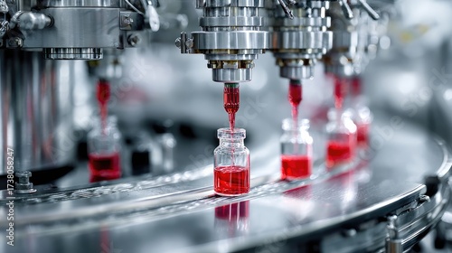 A photorealistic and high-resolution image showing a sterile, fully automated production line in a factory. Rows of vials containing a brightly colored red liquid are moving along a conveyor belt whil