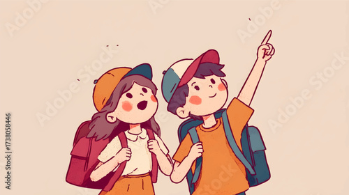 Illustration of two children in school uniforms with backpacks, smiling and pointing.