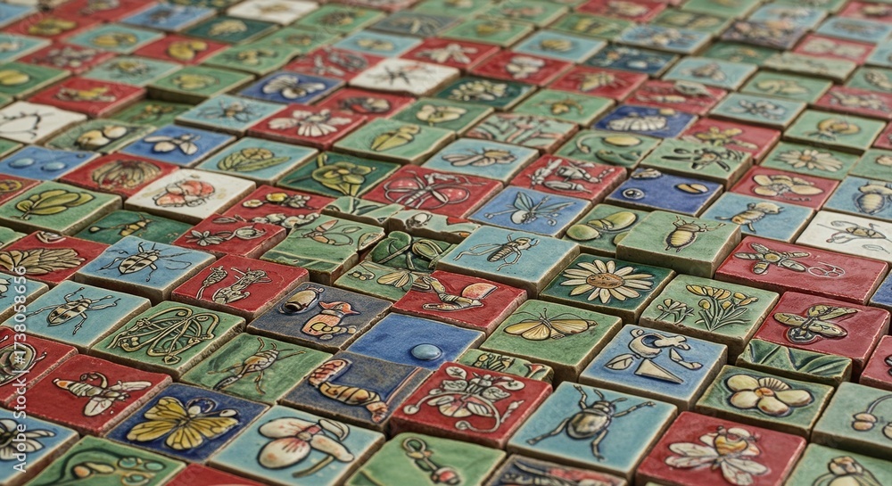 Obraz premium Colorful Ceramic Tile Mosaic: Insects, Flowers, and Nature's Delight.