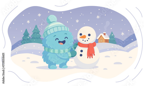 Cute Fluffy Winter Monster Building Snowman in Christmas and New Year Cartoon Illustration