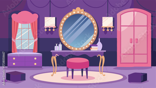 A gl dressing room with a mirrored vanity table plush ottoman and oversized mirror.