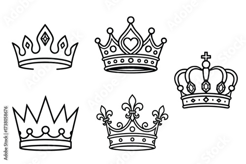 Royal Crowns Black Outline Icons Vector Set - King Queen Princess Headwear Symbols