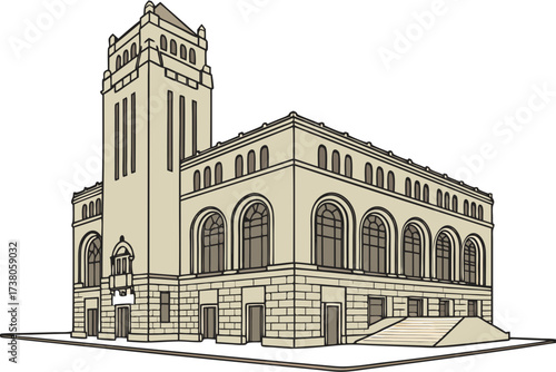 Omaha Public Library in Nebraska, historic limestone structure with arched windows and civic plaza
