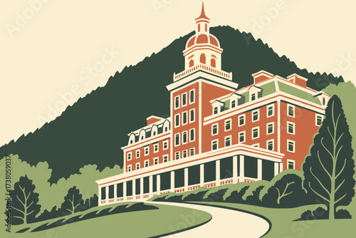 Omni Homestead Resort in Hot Springs, Virginia, Georgian-style red-brick hotel with mountain backdrop