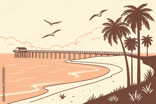 Orange Beach in Alabama, sandy stretch with fishing pier and calm Gulf waters