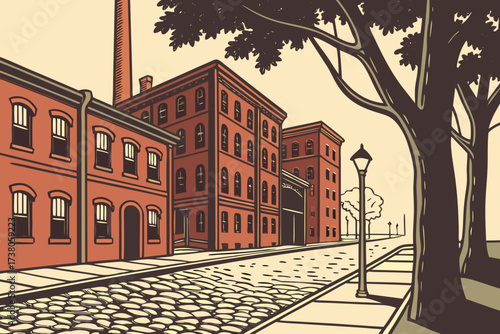 Old Town St. Paul in Minnesota, cobblestone streets with red brick warehouses and historic breweries