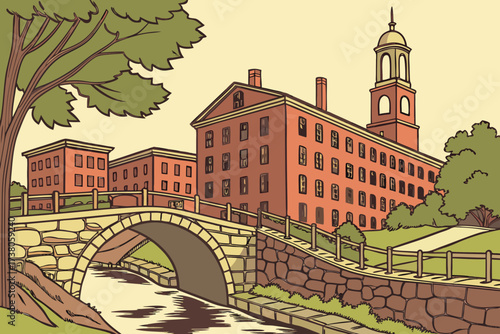 Old Town Providence in Rhode Island, red-brick mills, stone bridges, and leafy canal walkways