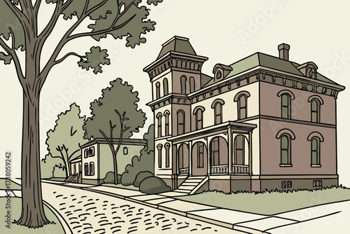 Old Town Quincy in Illinois, preserved Victorian mansions with oak trees and cobblestone streets