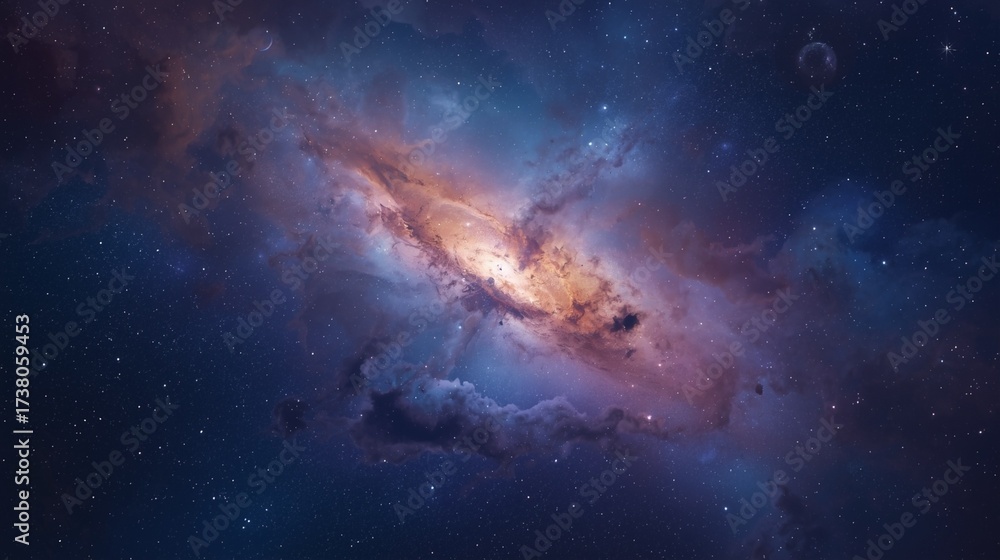 Fototapeta premium A cosmic landscape showing a swirling galaxy with radiant nebula clouds in shades of teal, magenta, and violet.