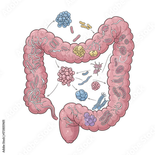 Clean Vector Diagram of Human Gut Microbiome and Bacterial Interaction