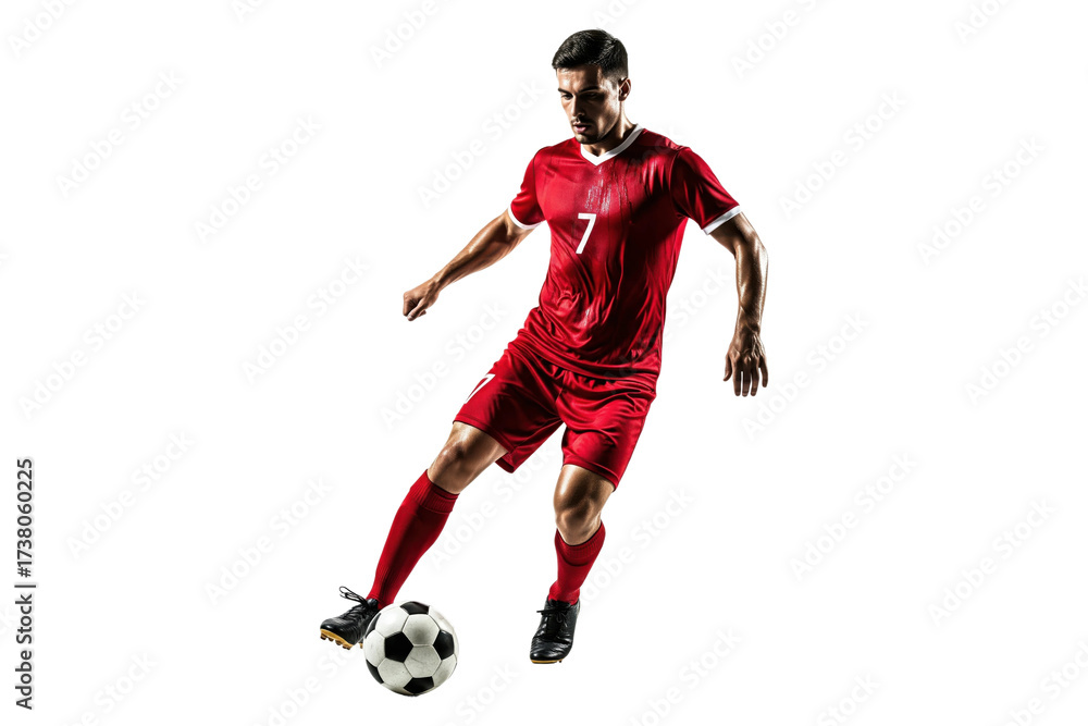 Naklejka premium Professional soccer player in red jersey dribbling a ball