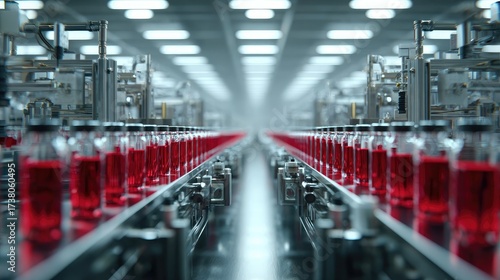 A photorealistic and high-resolution image showing a sterile, fully automated production line in a factory. Rows of vials containing a brightly colored red liquid are moving along a conveyor belt whil