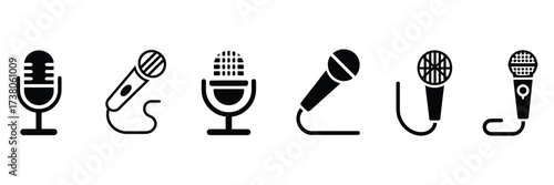 Microphone Icon Set – Flat and Line Style Vector Illustrations – Audio Recording and Podcast Symbols Isolated on White Background for Web and App Design