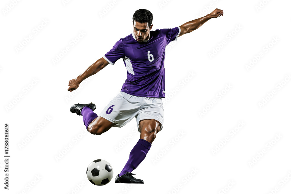 Obraz premium Soccer player in a purple uniform kicking a ball
