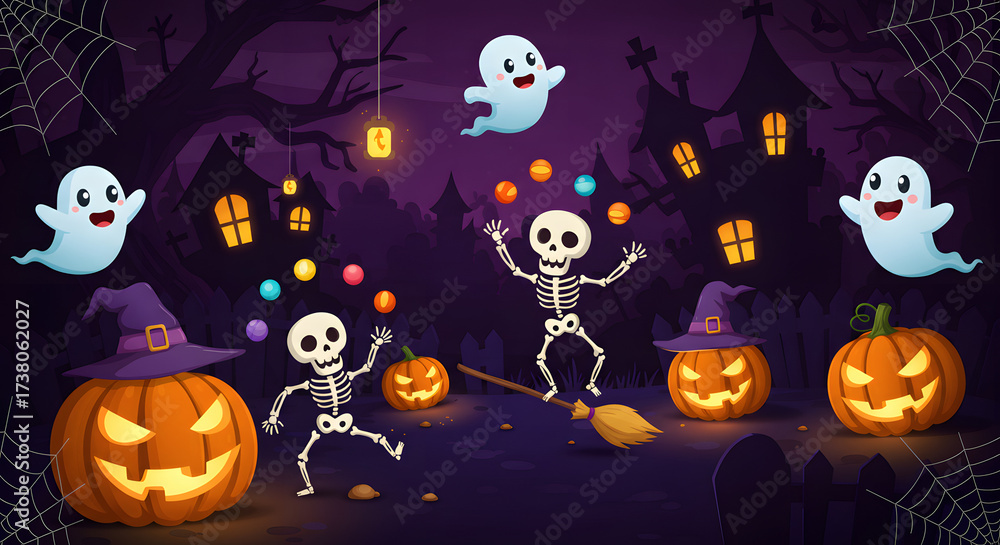Fototapeta premium Cartoon Halloween Night with Skeletons and Ghosts