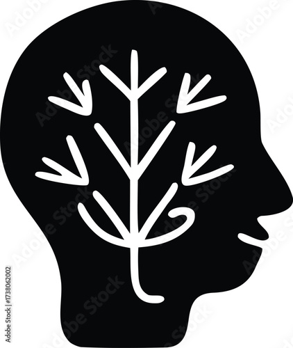Symbolic silhouette of a human head with growing tree branches representing growth and ideas