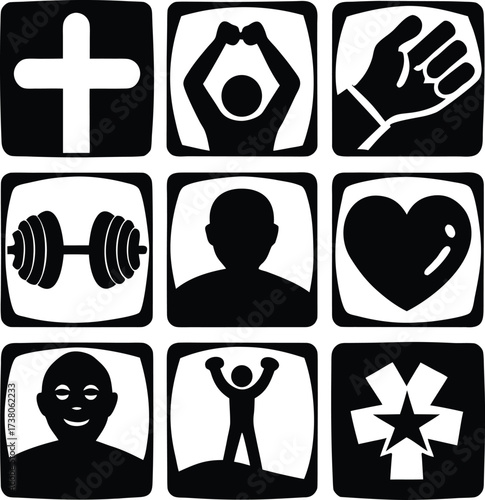 Fitness motivation icons diverse symbols for health wellness exercise gym and positive achievements grid layout
