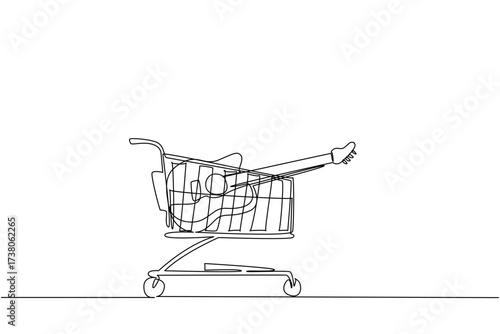 Continuous one line drawing shopping trolley containing acoustic guitar. Multi genre musical instruments. Equipment. Rhythm. Buy A Musical Instrument Day. Single line draw design vector illustration