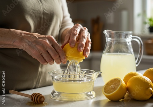 Woman Hands Squeezing Fresh Lemon for Homemade Lemonade in Kitchen.