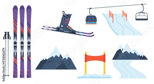 Collection of flatstyle vector icons related to skiing and winter sports
