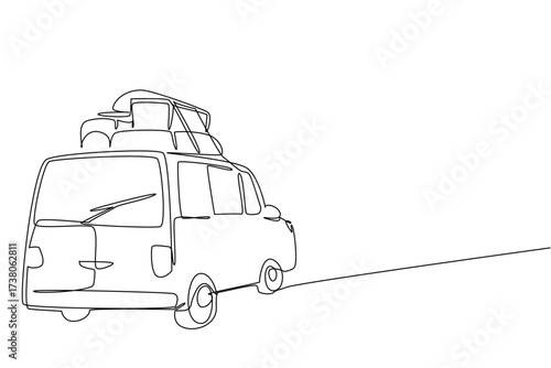 Continuous one line drawing rear view of the car carrying lot of luggage on the roof rack. Overland journey with plenty of supplies. National Road Trip Day. Single line draw design vector illustration