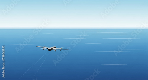 A commercial airplane in flight over the ocean.