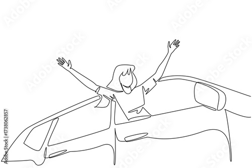 Single one line drawing a woman sticks part of body out of the window and stretches out arms. The end of a long journey. Arriving. National Road Trip Day. Continuous line design graphic illustration