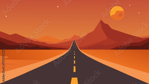 A long road to the mountains at sunset time