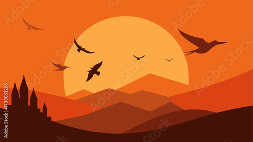 Sunset landscape with birds and castle art