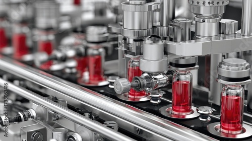 A photorealistic and high-resolution image showing a sterile, fully automated production line in a factory. Rows of vials containing a brightly colored red liquid are moving along a conveyor belt whil