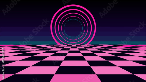 Neon rings above checkered plane design