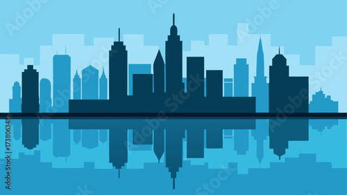 City skyline silhouette reflected in water