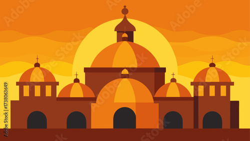 Illustration of a building with domes and sun