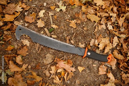 machete lies on the ground in an autumn forest, surrounded by fallen leaves