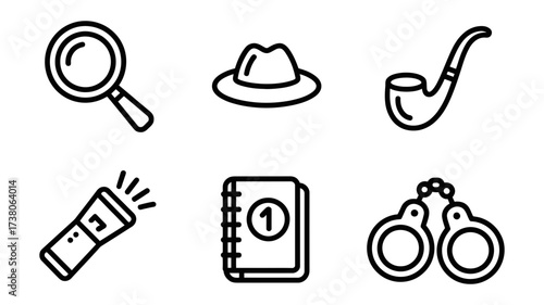 Vector art of detective tools magnifying glass, hat, smoking pipe, flashlight, notebook, and handcuffs in a minimalist line art style