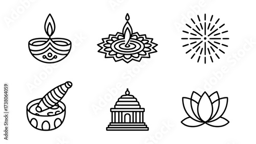 Vector art of illustration set of traditional indian symbols, including diya lamps, fireworks, and lotus flower for cultural events