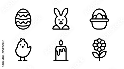 Vector art of easter icon set featuring egg, bunny, basket, chick, candle, and flower in a simple, minimalist line art style
