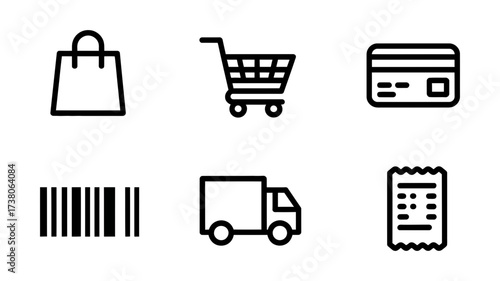Vector art of shopping icons representing retail, purchase, delivery, and payment methods for online and offline transactions