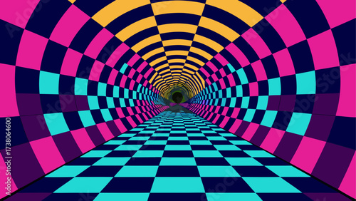 Colorful checkerboard tunnel perspective