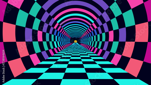 Checkered tunnel with distant figure end