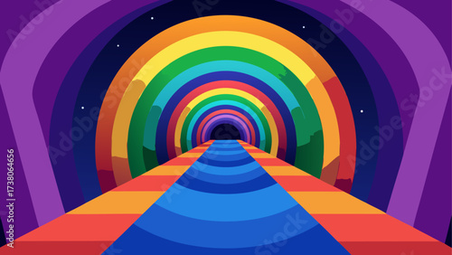 Rainbow tunnel with stars in the background