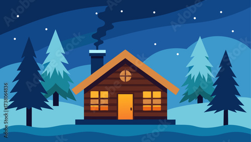 Cabin in winter landscape at night scene