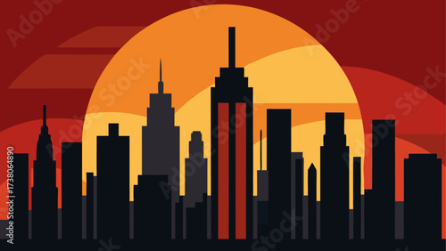 Silhouette of city buildings at sunset time