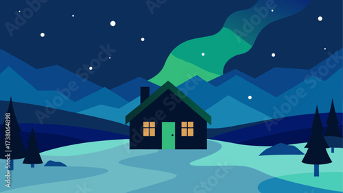 Cabin under the northern lights at night