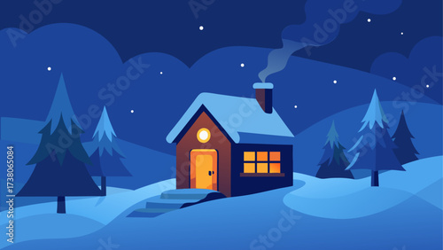 Winter cabin scene at night with snow trees